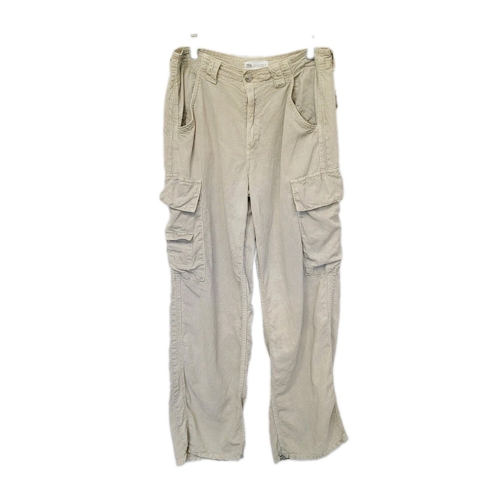 ZARA Women's Cargo Twill Pants Size 6 Beige Relaxed Mid Rise Straight Leg